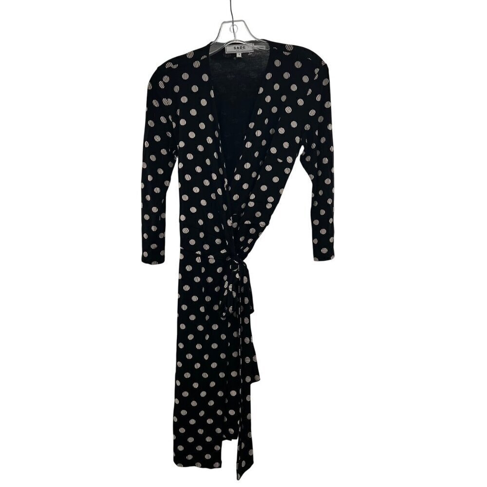 Sade Women's Polk Dot Wrap Dress Black/Cream 3/4 Sleeve Size 4 Knee Length